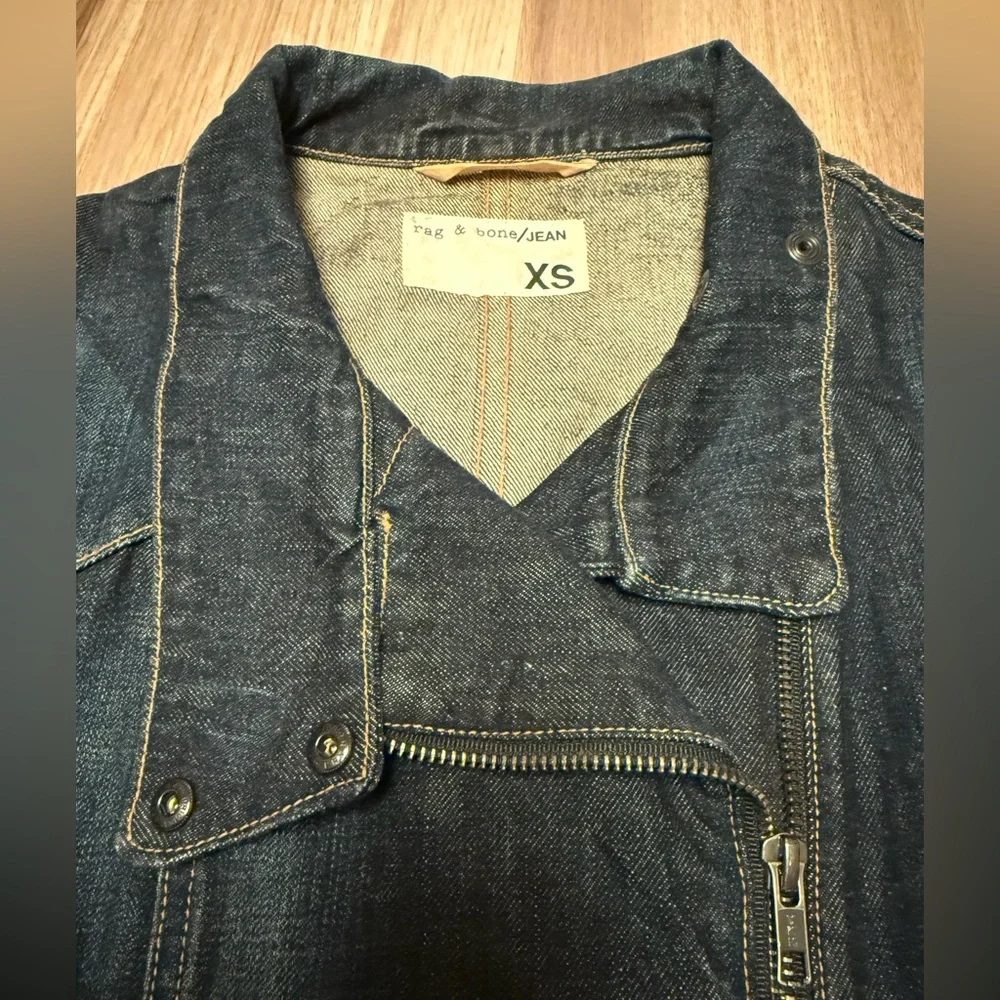 Rag & Bone Zip Front Leather Sleeve Moto Dark Denim Jean Jacket - Picture 3 of 10